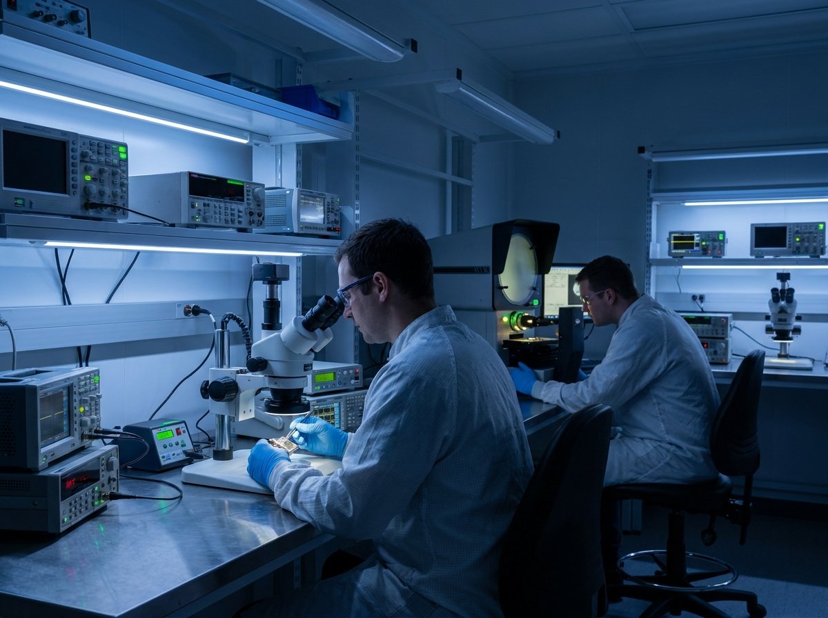 Engineers examining precision infrared sensor components in an instrumentation laboratory