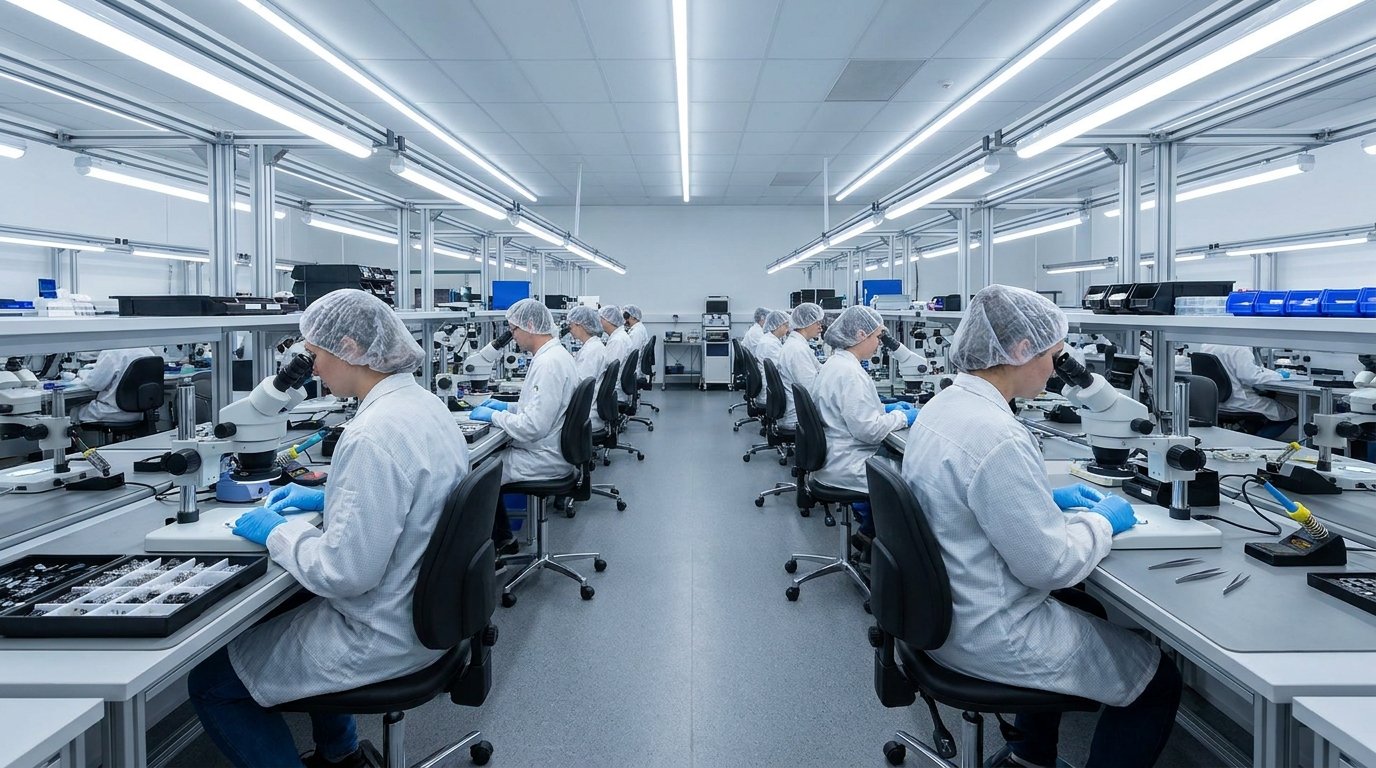 US-based precision electronics manufacturing facility with technicians assembling sensor components